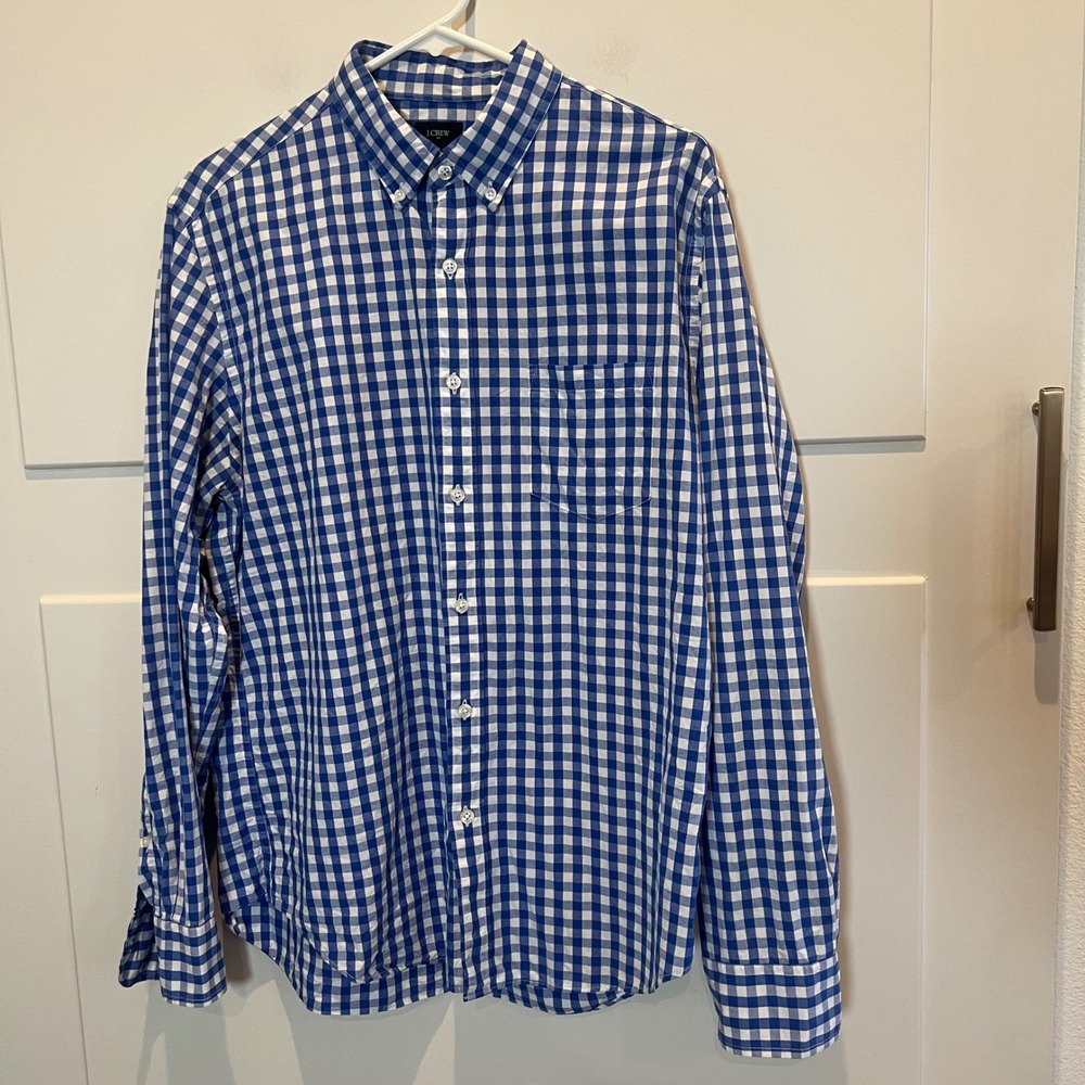J. Crew Mens Large Blue White Gingham Button Down Long Sleeve Shirt